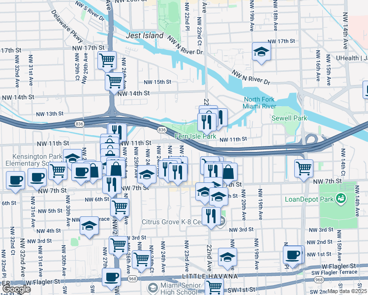 map of restaurants, bars, coffee shops, grocery stores, and more near 926 Northwest 23rd Avenue in Miami