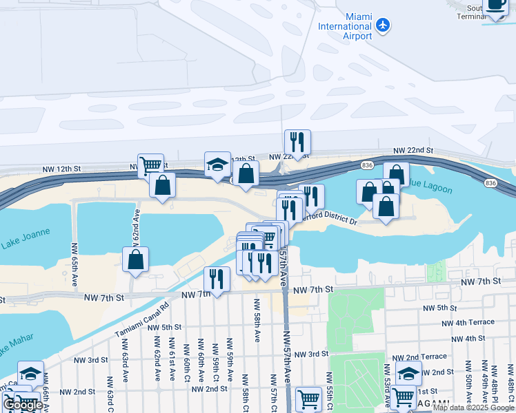 map of restaurants, bars, coffee shops, grocery stores, and more near 5705 Waterford District Drive in Miami