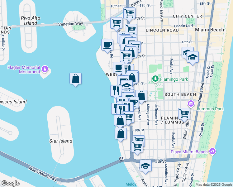 map of restaurants, bars, coffee shops, grocery stores, and more near 1200 West Avenue in Miami Beach