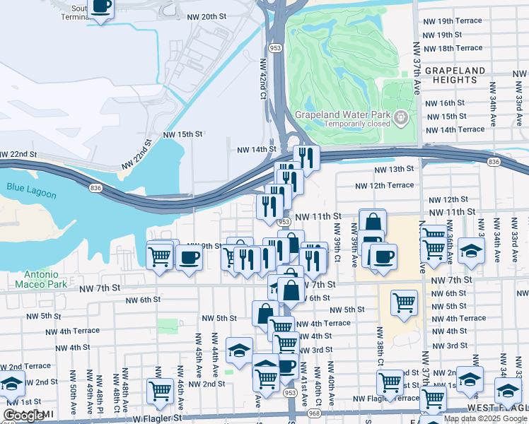 map of restaurants, bars, coffee shops, grocery stores, and more near 1000 Northwest Le Jeune Road in Miami
