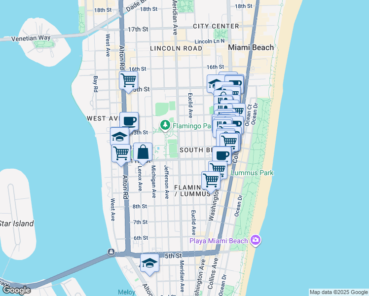 map of restaurants, bars, coffee shops, grocery stores, and more near 1235 Meridian Avenue in Miami Beach