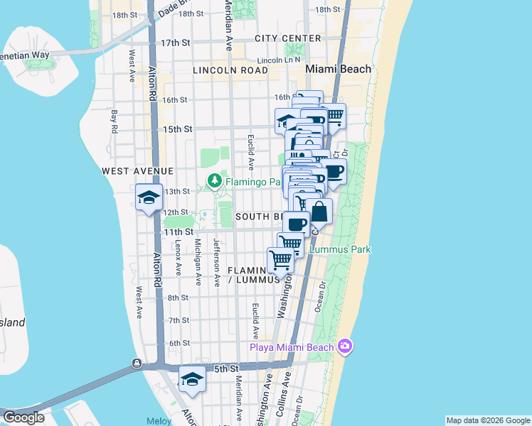 map of restaurants, bars, coffee shops, grocery stores, and more near 1228 Pennsylvania Avenue in Miami Beach