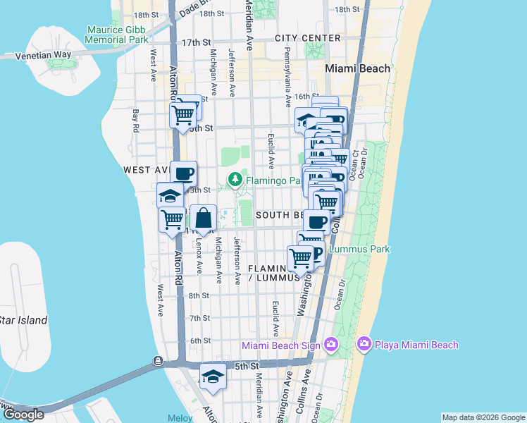 map of restaurants, bars, coffee shops, grocery stores, and more near 1235 Meridian Avenue in Miami Beach