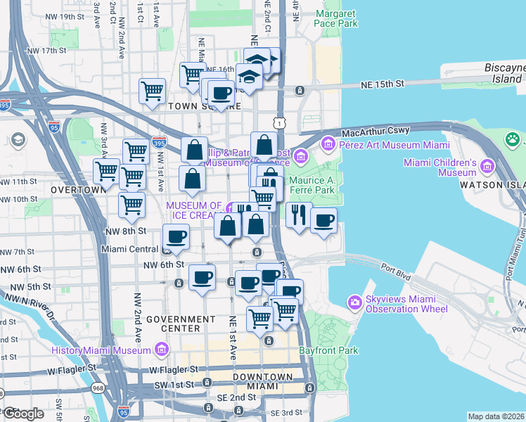 map of restaurants, bars, coffee shops, grocery stores, and more near 990 Biscayne Boulevard in Miami