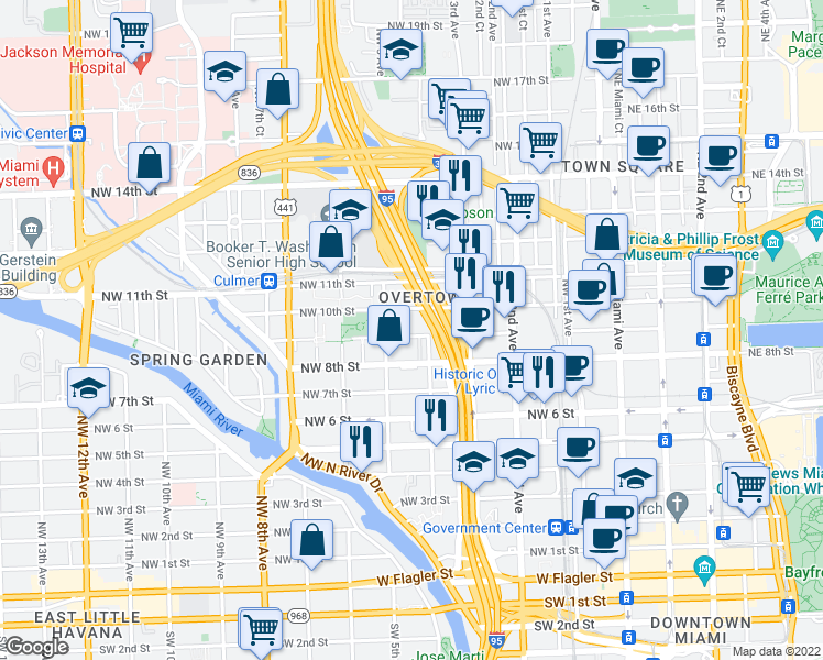 map of restaurants, bars, coffee shops, grocery stores, and more near in Miami