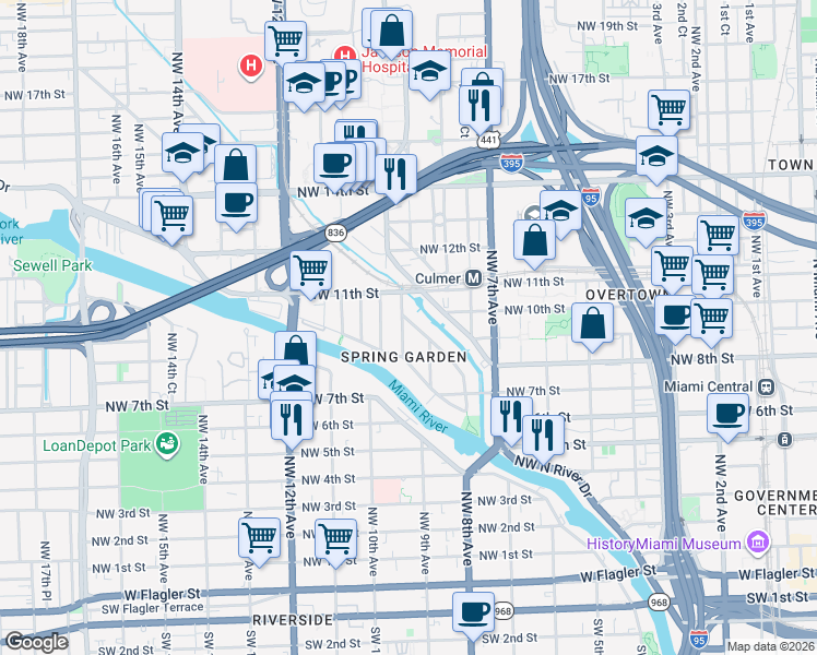 map of restaurants, bars, coffee shops, grocery stores, and more near 1022 Northwest 8th Street Road in Miami