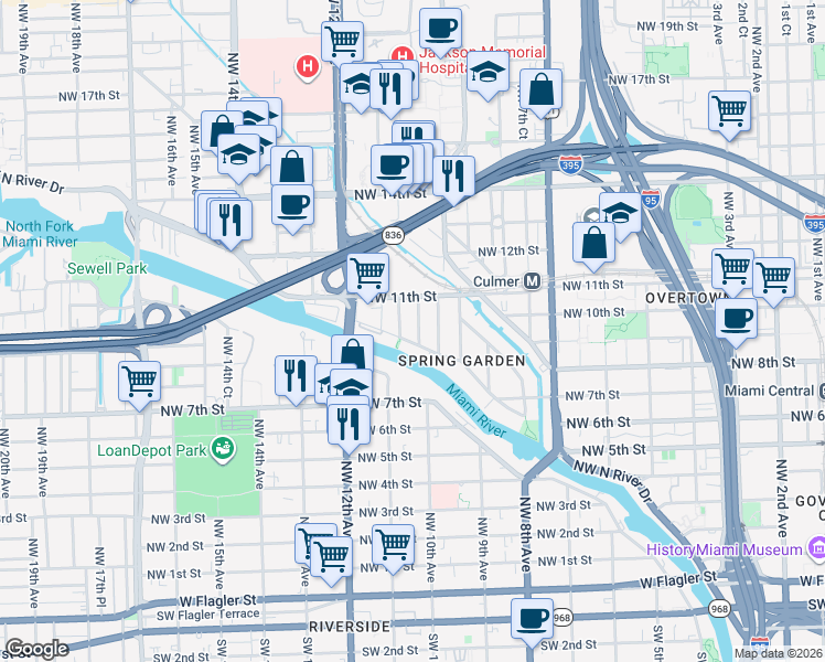 map of restaurants, bars, coffee shops, grocery stores, and more near 1035 Northwest 11th Avenue in Miami