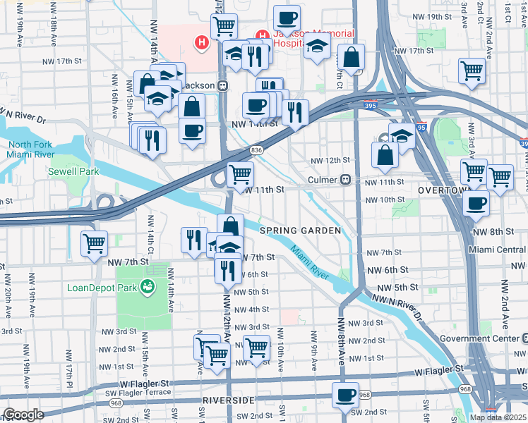 map of restaurants, bars, coffee shops, grocery stores, and more near 1035 Northwest 11th Avenue in Miami