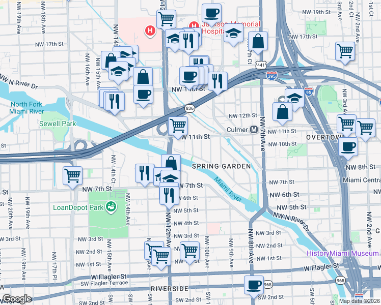 map of restaurants, bars, coffee shops, grocery stores, and more near 1035 Northwest 11th Avenue in Miami