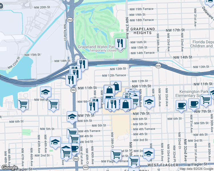 map of restaurants, bars, coffee shops, grocery stores, and more near 3801 Northwest 12th Street in Miami
