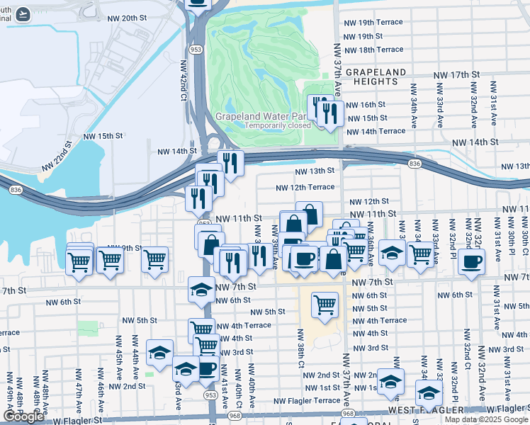 map of restaurants, bars, coffee shops, grocery stores, and more near 3931 Northwest 12th Street in Miami