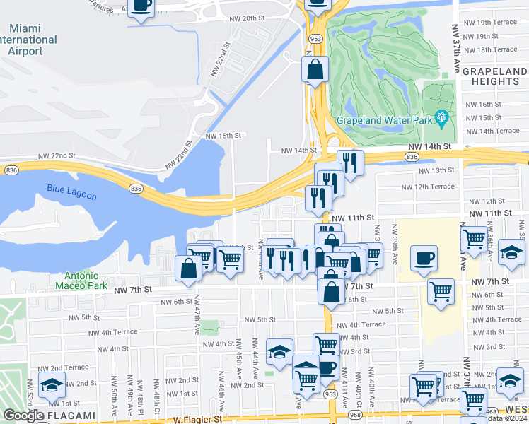 map of restaurants, bars, coffee shops, grocery stores, and more near 4393 Northwest 11th Street in Miami