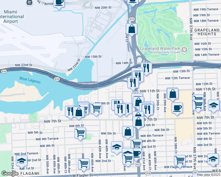map of restaurants, bars, coffee shops, grocery stores, and more near 4393 Northwest 11th Street in Miami