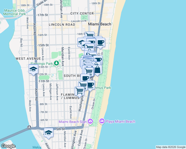 map of restaurants, bars, coffee shops, grocery stores, and more near Collins Avenue in Miami Beach