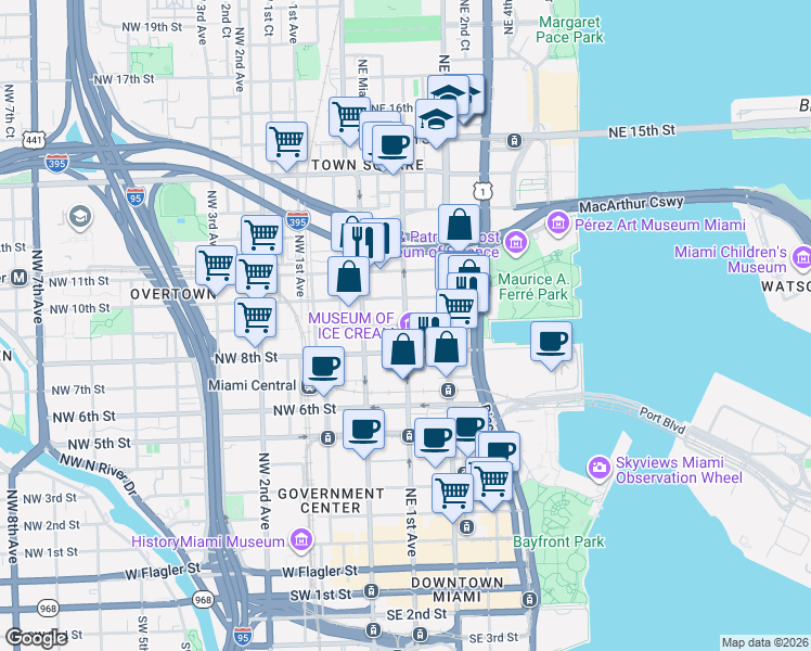 map of restaurants, bars, coffee shops, grocery stores, and more near 999 Northeast 1st Avenue in Miami