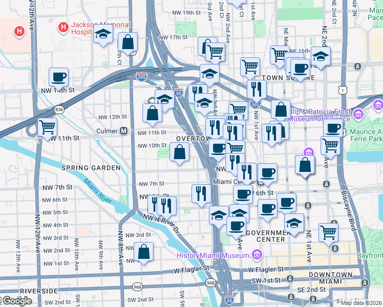 map of restaurants, bars, coffee shops, grocery stores, and more near 423 Northwest 9th Street in Miami