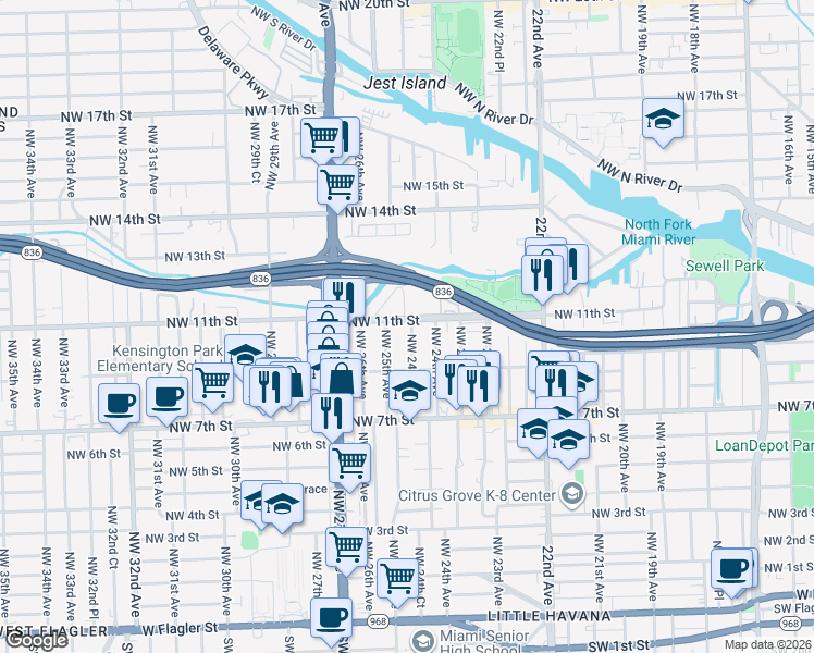 map of restaurants, bars, coffee shops, grocery stores, and more near 1111 Northwest 24th Court in Miami