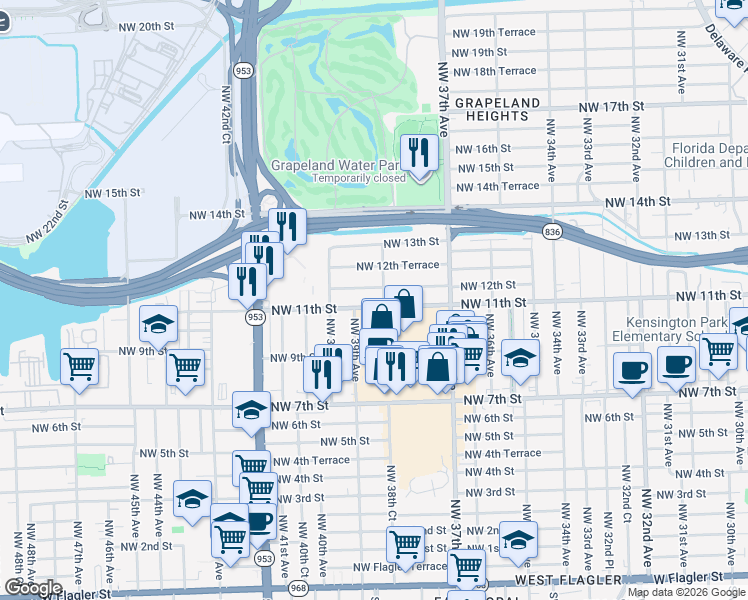 map of restaurants, bars, coffee shops, grocery stores, and more near 3801 Northwest 12th Street in Miami