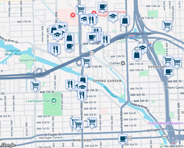 map of restaurants, bars, coffee shops, grocery stores, and more near 1035 Northwest 11th Avenue in Miami