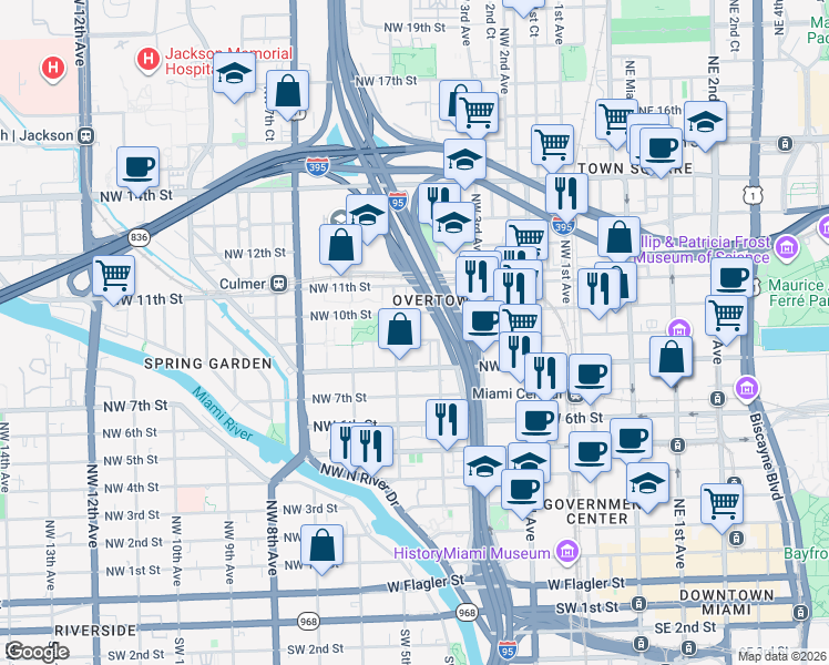 map of restaurants, bars, coffee shops, grocery stores, and more near 439 Northwest 9th Street in Miami
