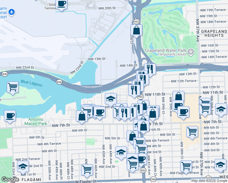 map of restaurants, bars, coffee shops, grocery stores, and more near 4393 Northwest 11th Street in Miami