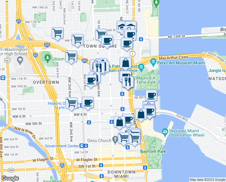 map of restaurants, bars, coffee shops, grocery stores, and more near 999 Northeast 1st Avenue in Miami