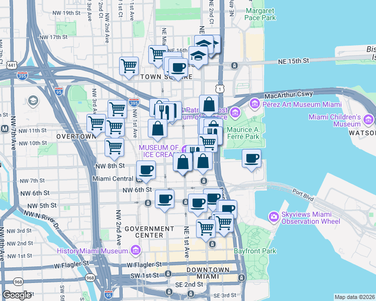 map of restaurants, bars, coffee shops, grocery stores, and more near 999 Northeast 1st Avenue in Miami