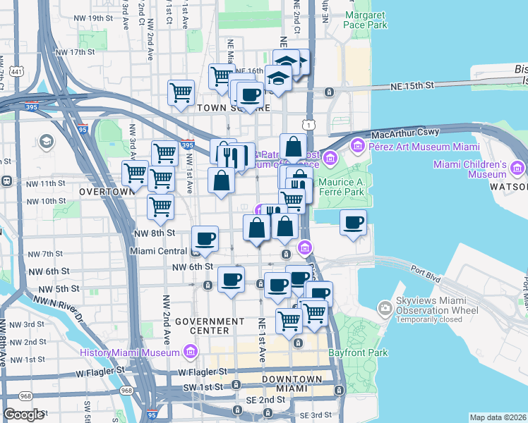 map of restaurants, bars, coffee shops, grocery stores, and more near 999 Northeast 1st Avenue in Miami