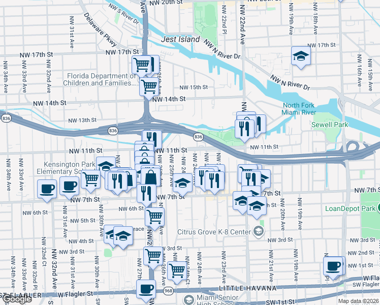 map of restaurants, bars, coffee shops, grocery stores, and more near 1111 Northwest 24th Court in Miami