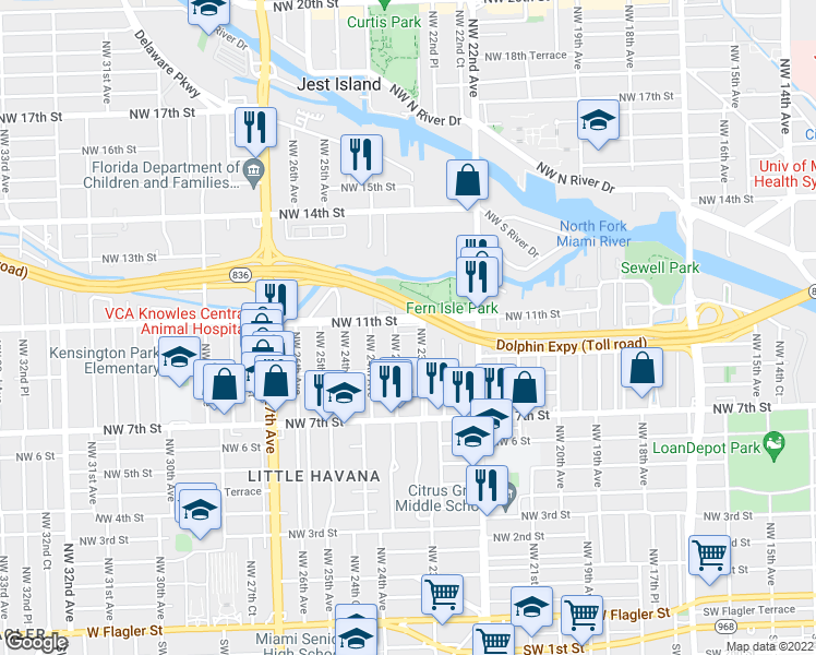 map of restaurants, bars, coffee shops, grocery stores, and more near 1098 Northwest 23rd Avenue in Miami