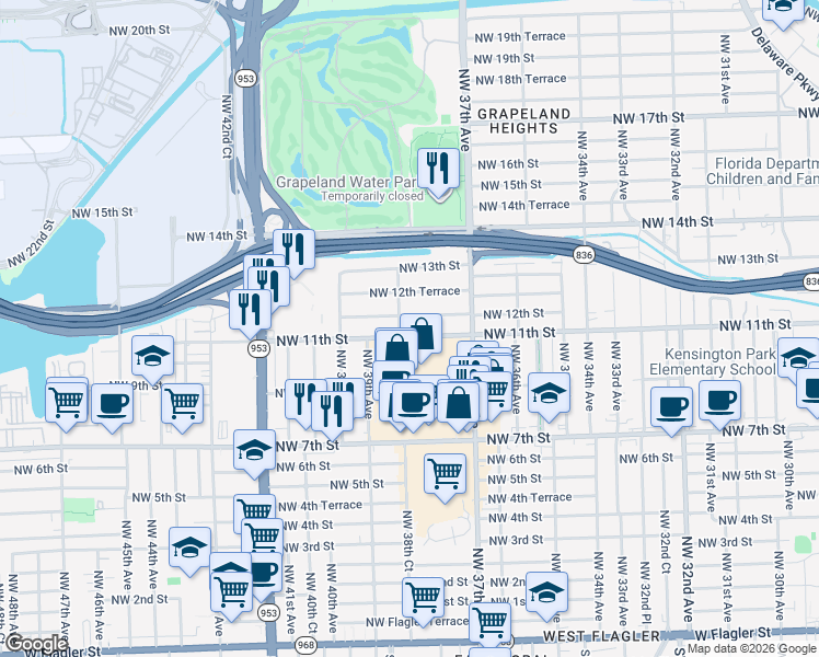 map of restaurants, bars, coffee shops, grocery stores, and more near 3801 Northwest 12th Street in Miami
