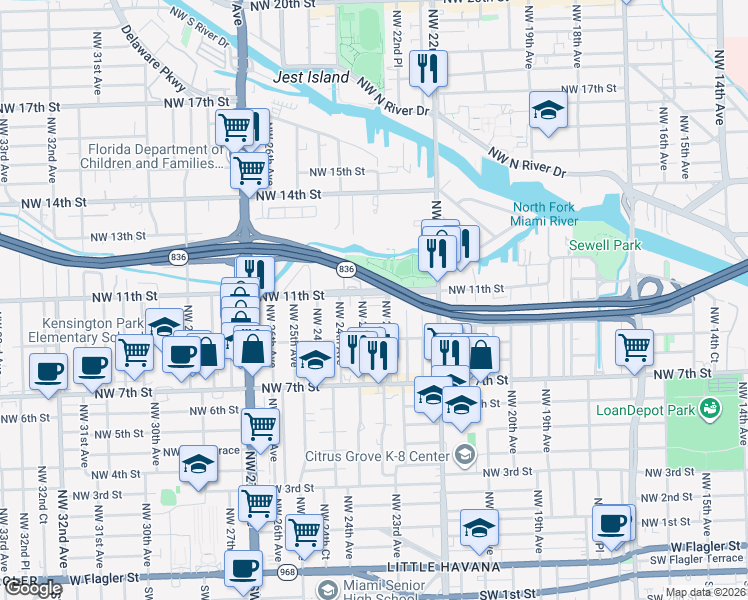 map of restaurants, bars, coffee shops, grocery stores, and more near 1098 Northwest 23rd Avenue in Miami
