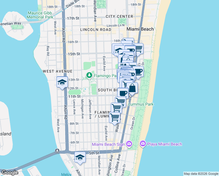 map of restaurants, bars, coffee shops, grocery stores, and more near 1228 Pennsylvania Avenue in Miami Beach