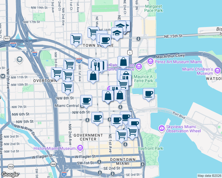 map of restaurants, bars, coffee shops, grocery stores, and more near 999 Northeast 1st Avenue in Miami