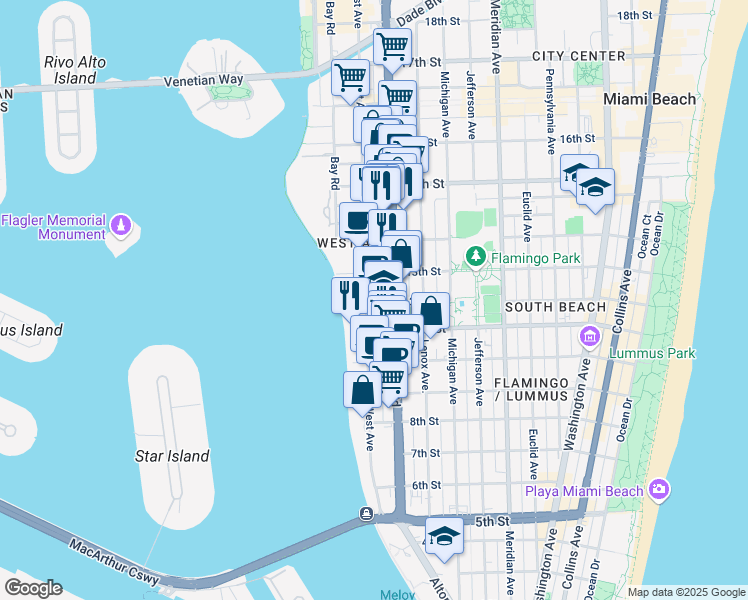 map of restaurants, bars, coffee shops, grocery stores, and more near 1245 West Avenue in Miami Beach