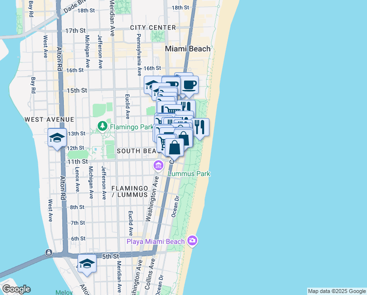 map of restaurants, bars, coffee shops, grocery stores, and more near 1244 Ocean Drive in Miami Beach
