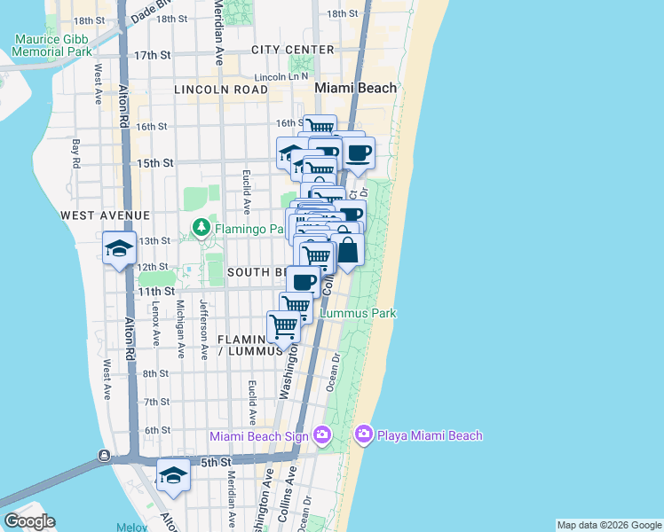 map of restaurants, bars, coffee shops, grocery stores, and more near in Miami Beach