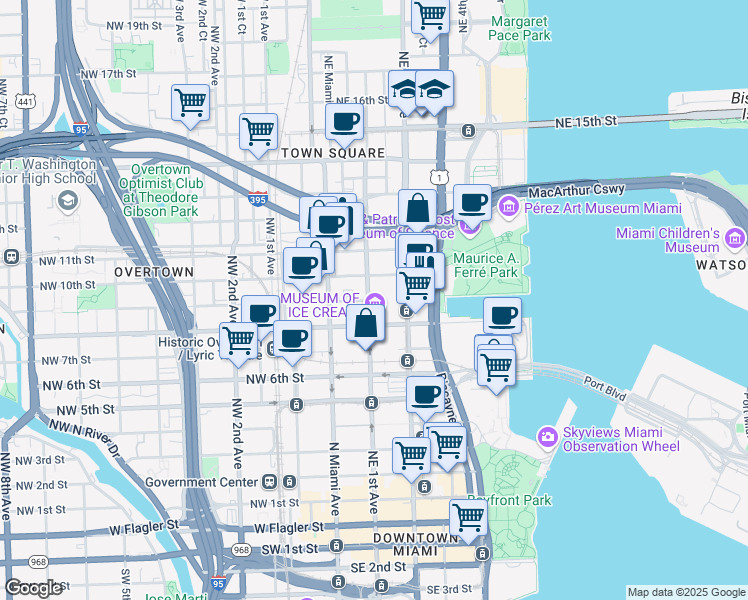 map of restaurants, bars, coffee shops, grocery stores, and more near 999 Northeast 1st Avenue in Miami