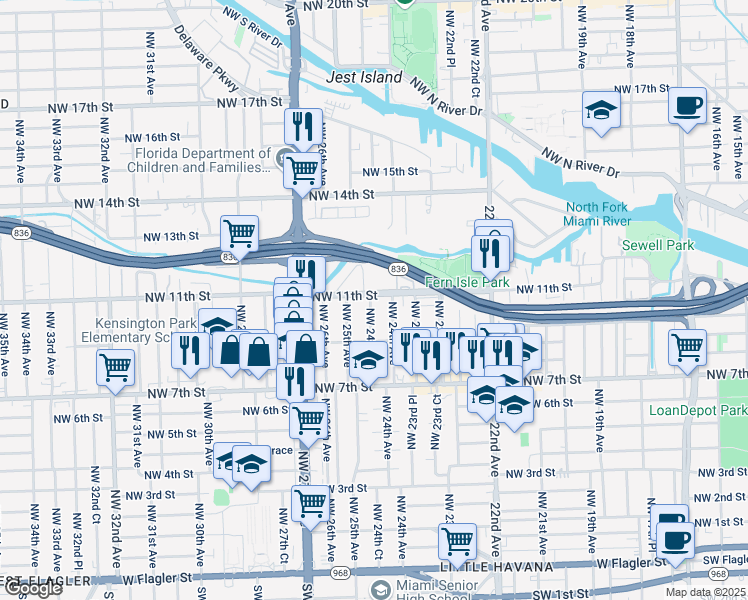 map of restaurants, bars, coffee shops, grocery stores, and more near 1111 Northwest 24th Court in Miami