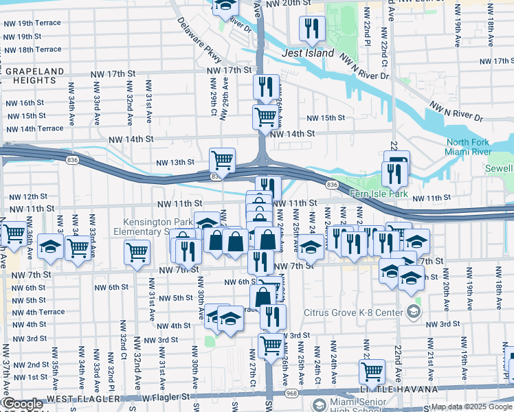map of restaurants, bars, coffee shops, grocery stores, and more near 1983 Northwest 27th Avenue in Miami