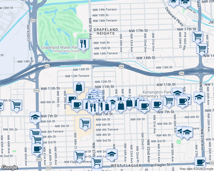 map of restaurants, bars, coffee shops, grocery stores, and more near 3535 Northwest 12th Street in Miami