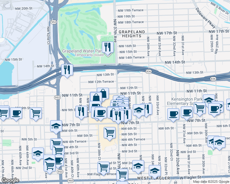 map of restaurants, bars, coffee shops, grocery stores, and more near 1200 Northwest 37th Avenue in Miami