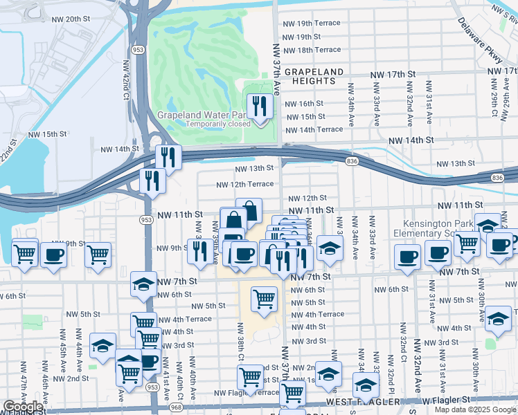 map of restaurants, bars, coffee shops, grocery stores, and more near 3751 Northwest 12th Street in Miami