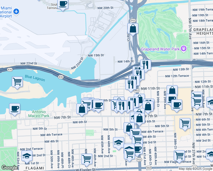map of restaurants, bars, coffee shops, grocery stores, and more near 4393 Northwest 11th Street in Miami