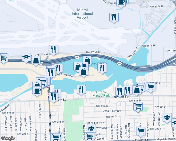 map of restaurants, bars, coffee shops, grocery stores, and more near 5201 Blue Lagoon Drive in Miami