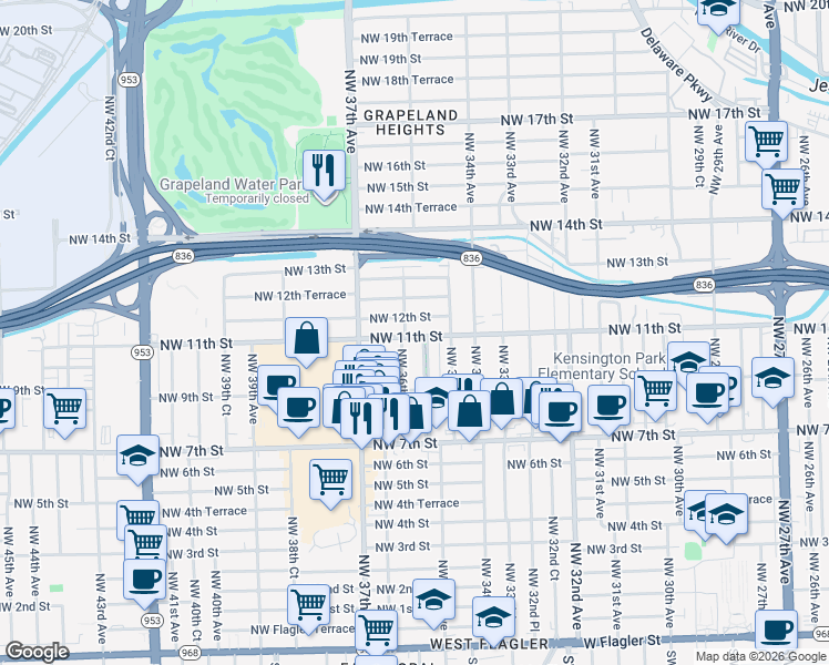 map of restaurants, bars, coffee shops, grocery stores, and more near 3535 Northwest 12th Street in Miami