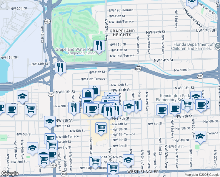 map of restaurants, bars, coffee shops, grocery stores, and more near 1200 Northwest 37th Avenue in Miami