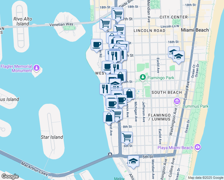 map of restaurants, bars, coffee shops, grocery stores, and more near 1245 West Avenue in Miami Beach