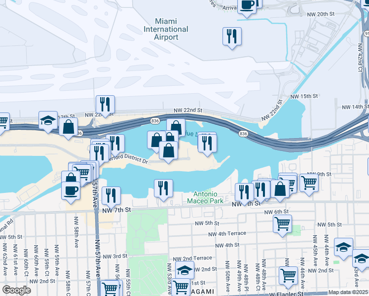 map of restaurants, bars, coffee shops, grocery stores, and more near 5201 Waterford District Drive in Miami