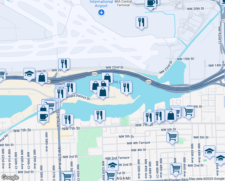 map of restaurants, bars, coffee shops, grocery stores, and more near 5201 Waterford District Drive in Miami